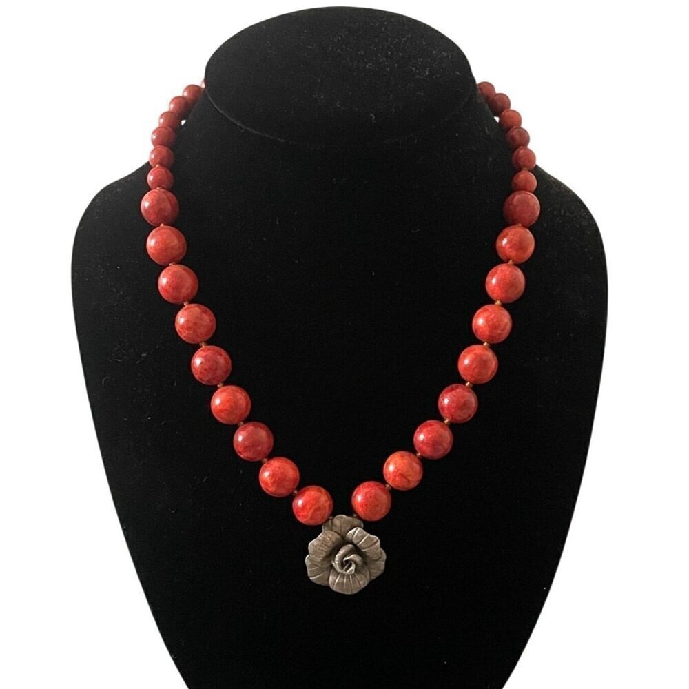 Peyote Bird Vintage Red Coral Bead 925 Sterling Silver Flower Pendant Necklace 175$